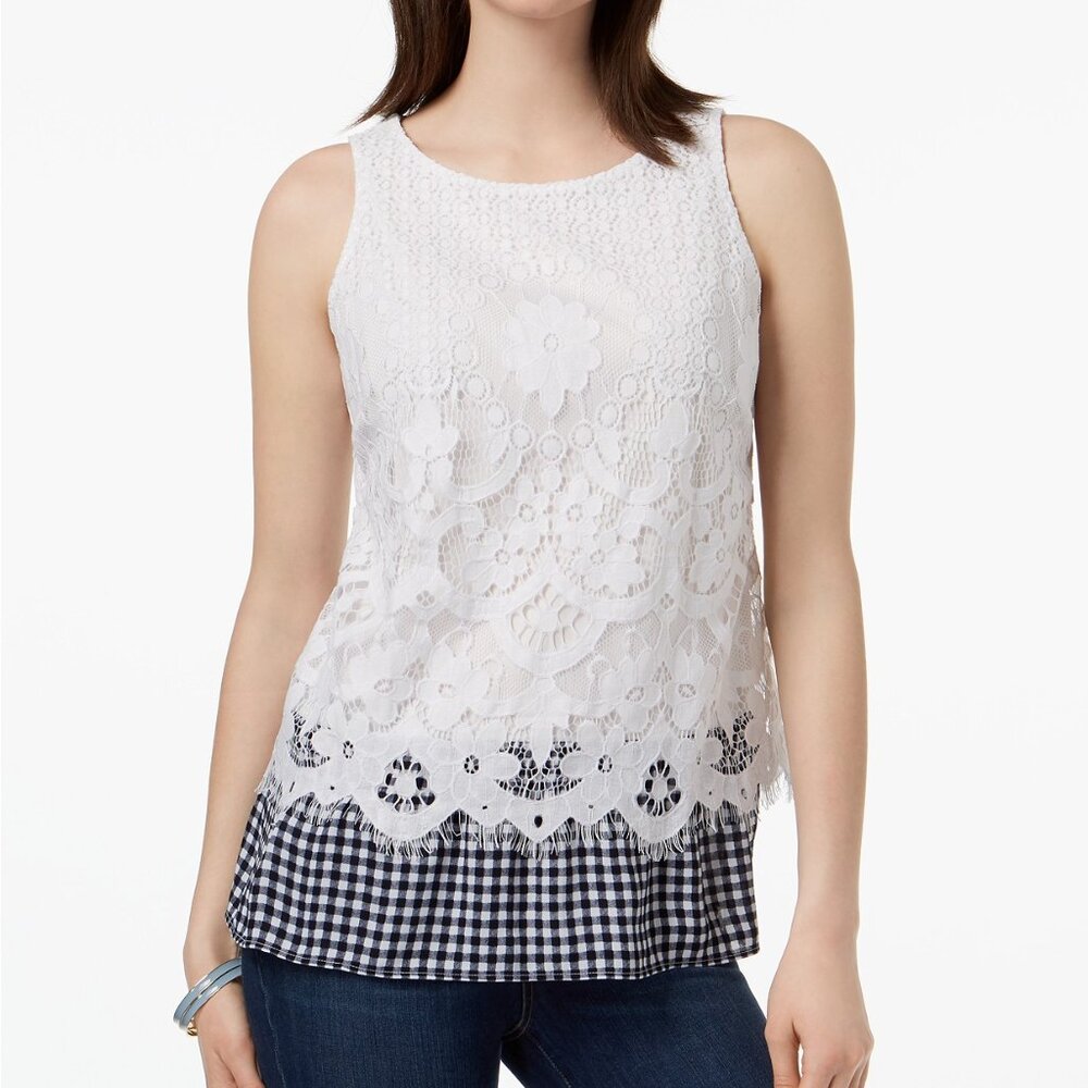 Charter Club Women's Petite Gingham Hem Lace Sleeveless Blouse Top Size PP